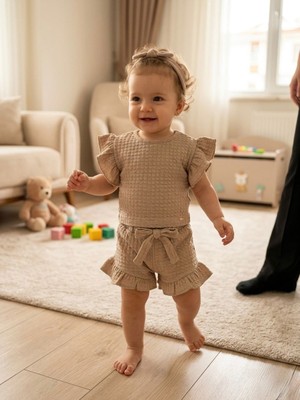 Butik Kız Bebek %100 Pamuklu Müslin Alt - Üst Şortlu Takım