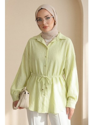 Moda Morfo Beli Kemerli Dikiş ve Pul Detaylı Düğmeli Gömlek -Açık Sarı