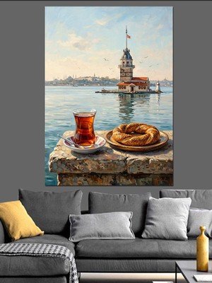 Artmeg Deniz Kenarında Çay ve Simit Dekoratif Kanvas - Mdf Ahşap Tablo