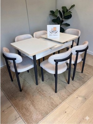 Msy Home 6 Kişilik Lina 80*130 Beyaz Açılır Masa Sandalye Seti (Modern Seri) Siyah Iskelet