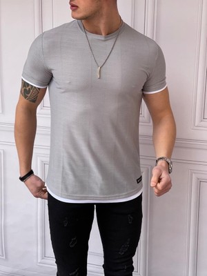 Modefendicom Slim Fit Örgü Desen  Pamuklu Parçalı Tshırt