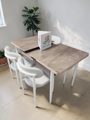 Msy Home 4 Kişilik Lina 80*130 Gordiyon Açılır Masa Sandalye Seti (Modern Seri)Krem Iskelet