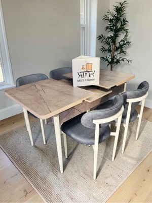 Msy Home 4 Kişilik Lina 80*130 Gordiyon Açılır Masa Sandalye Seti (Modern Seri)Krem Iskelet