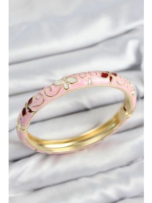 Luord - Store Mineli Pirinç Pembe Çiçek Motifli Gold Kadın Kelepçe