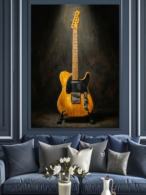Artmeg Siyah Arka Planda Sarı Gitar Dekoratif Kanvas - Mdf Ahşap Tablo