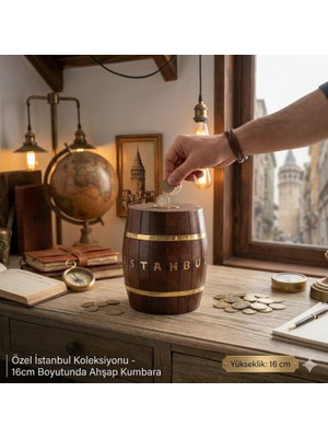 Direkstoktan Nostaljik Pirinç Süslemeli Ahşap Fıçı Kumbara - 16 cm Özel Tasarım - Istanbul Yazılı / Mnk Wooden Coin Box
