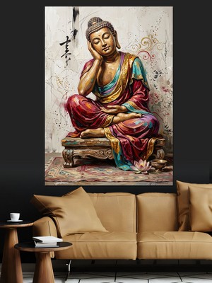 Artmeg Meditasyon Yapan Renkli Buddha Heykeli Dekoratif Kanvas - Mdf Ahşap Tablo
