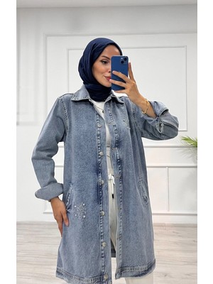Luord - Store Taşlı Tunik Ceket Kar Yıkama Orta Mavi D2516