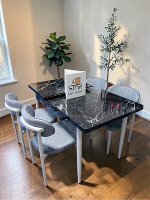 Msy Home 4 Kişilik Lina 80*130 Siyah Mermer Açılır Masa Sandalye Seti (Modern Seri)Beyaz Iskelet