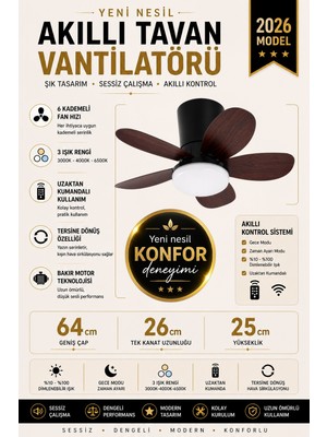 Kılıforyum Yeni Nesil Tavan Vantilatörü 64 cm Toplam Çap – 6 Kademeli, 3 Işık Renkli, Kumandalı, Sessiz Fan (Tavana Vidalı Montaj)Avize