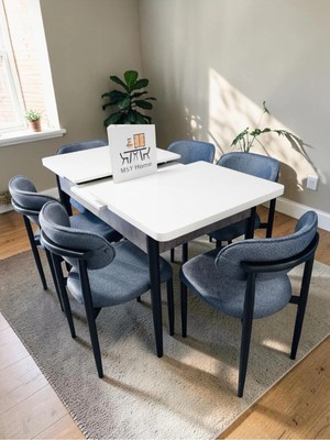 Msy Home 6 Kişilik Lina 80*130 Beyaz Açılır Masa Sandalye Seti (Modern Seri) Siyah Iskelet