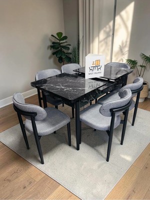 Msy Home 6 Kişilik Krem Lina 80*130 Siyah Mermer Açılır Masa Sandalye Seti (Modern Seri) Siyah Iskelet