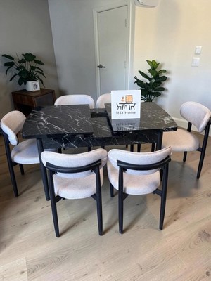 Msy Home 6 Kişilik Krem Lina 80*130 Siyah Mermer Açılır Masa Sandalye Seti (Modern Seri) Siyah Iskelet