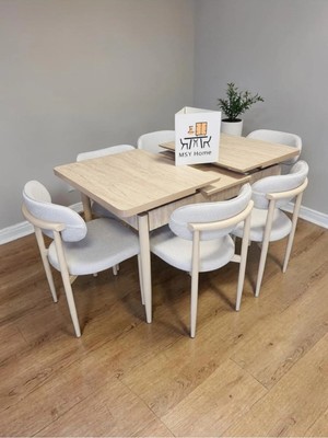Msy Home 6 Kişilik Lina 80*130 Traverten Açılır Masa Sandalye Seti (Modern Seri)Krem Iskelet