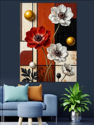 Artmeg Modern Grafik Kırmızı Beyaz Çiçekler Dekoratif Kanvas - Mdf Ahşap Tablo