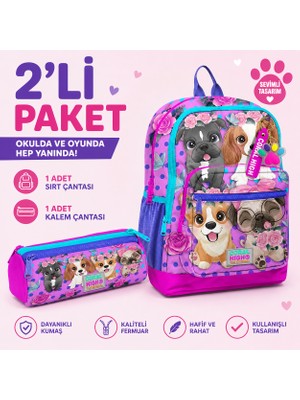 Coral High Pembe Köpek Desenli Sırt Çantası 23750+ Kalemlik 22050