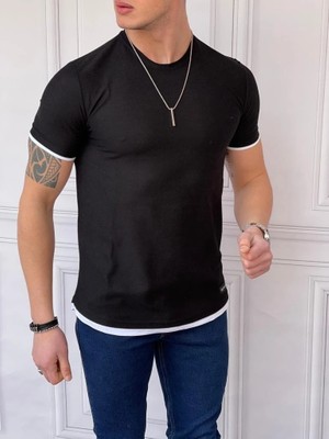 Modefendicom Slim Fit Örgü Desen  Pamuklu Parçalı Tshırt