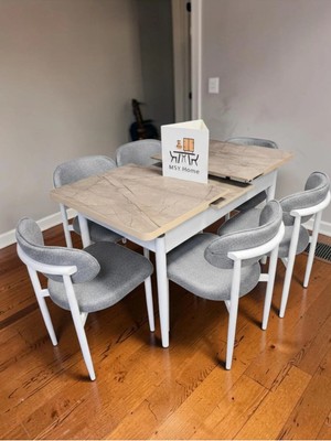 Msy Home 6 Kişilik Lina 80*130 Gordiyon Açılır Masa Sandalye Seti (Modern Seri)Beyaz Iskelet
