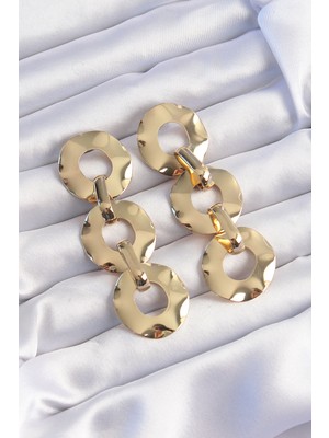 Luord - Store Pirinç Gold Renk Oval Ayna Model Sallantılı Küpe