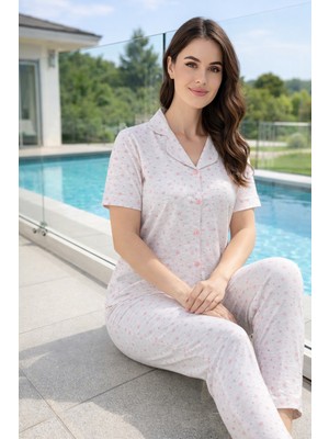 Remsa Kadın Desenli Kısa Kol Suprem Pijama Takımı 0249 Bej