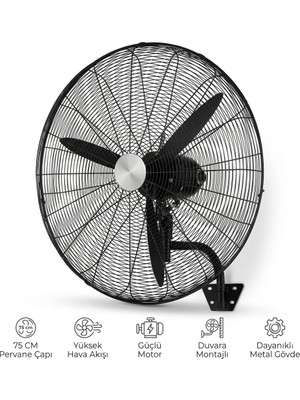 SeckinStore D750 210W 30 Inç Siyah Alüminyum 3 Kanatlı Sanayi Tipi Duvar Vantilatörü