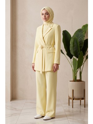 Lale Butik Kemer Detay Blazer Ceket Pantolon Takım 15267 Sarı