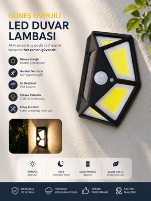 Allwin Güneş Enerjili LED Duvar Lambası - Hareket Sensörlü, IP65 Su Geçirmez Bahçe Aydınlatması (Cob Led),solar Duvar Lambası, Güneş Enerjili Bahçe Aydınlatma, Sensörlü Dış Mekan Lambası.