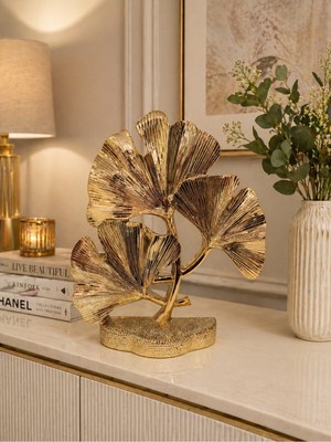 Kesene Duygu ve Yaşam Tarzı Odaklı Gold Ginkgo Yaprağı Lüks Dekoratif Metal Biblo Heykel obje 29 cm x 23 cm