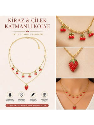 Mervişim Aksesuar Çilek & Kiraz Katmanlı Yaz Stili Çelik Kolye