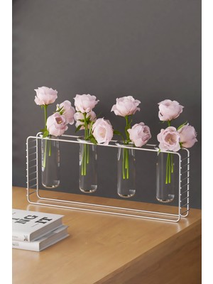 Hill Homes Krom Gümüş 4 Bölmeli Metal Vazo Stand Çiçeklik | Masaüstü Saksı Organizer | Dekoratif Vazo Standı