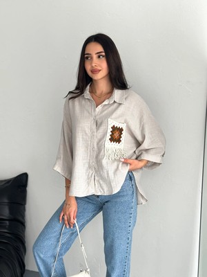 Boom Bester Kadın Oversize Gömlek Cep Nakış Detaylı Geniş Kol Keten Karışımlı Gömlek