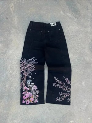 Violon Siyah Night Blossom Nakışlı Wide Leg Jean