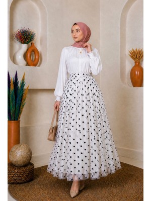 SFG Life Moda Kadın Astarlı Puantiye Desenli Tül Etek