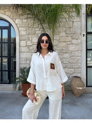 Boom Bester Kadın Oversize Gömlek Cep Nakış Detaylı Geniş Kol Keten Karışımlı Gömlek
