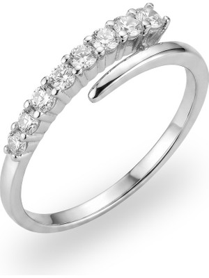 Söğütlü Silver 925 Ayar Gümüş Yüzük Rodyumlu Asimetrik Zirkon Sıra Taşlı Modern Tasarım Kadın Yüzüğü