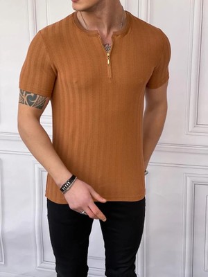 Modefendicom Slim Fit Sıfır Yaka Fermuar Detaylı Triko  Tshırt