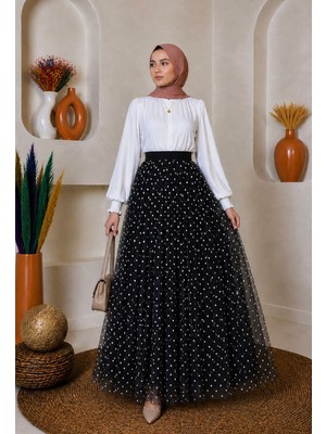 SFG Life Moda Kadın Astarlı Puantiye Desenli Tül Etek