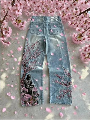 Violon Mavi Night Blossom Nakışlı Wide Leg Jean