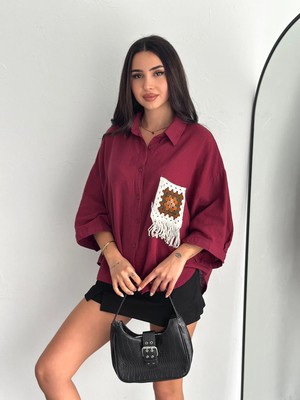 Boom Bester Kadın Oversize Gömlek Cep Nakış Detaylı Geniş Kol Keten Karışımlı Gömlek