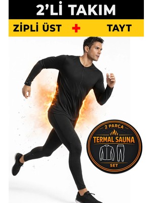 Elilom Erkek Termal Sauna Terletici Takım Fermuarlı Üst ve Bel Lastikli Tayt Siyah 2 Parça Set