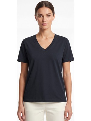 goffra Kadın Vision V Yaka Premium Kalite Yoğun Dokulu Pamuklu T-Shirt Lacivert W102-R0220-08