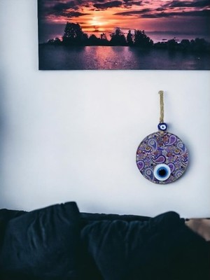 Luord-Store Mandala Desen Mavi Mor Nazar Boncuklu Füzyon Cam El Işçiliği 12 cm Duvar Süsü Nazarlık Hediyelik Eşya