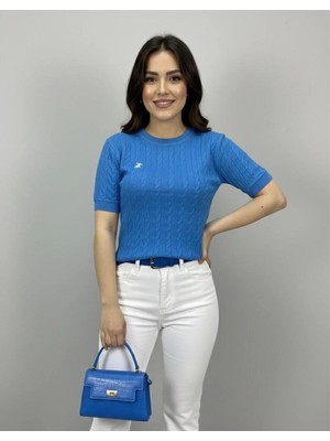 Saç Örgü Polo Nakışlı T-Shirt