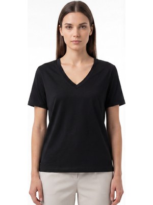 goffra Kadın Vision V Yaka Premium Kalite Yoğun Dokulu Pamuklu T-Shirt Siyah W102-R0220-09