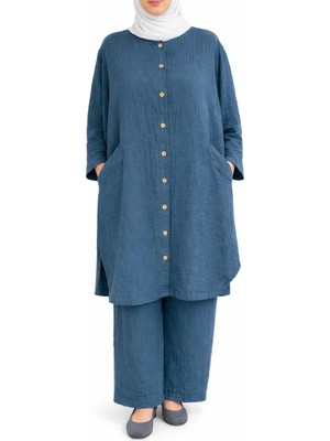 Sıle Atelıer Mavi Müslin Tunik Pantolon Takım Kadın Oversize Yazlık L/xl