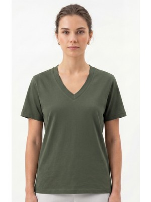 goffra Kadın Vision V Yaka Premium Kalite Yoğun Dokulu Pamuklu T-Shirt Haki W102-R0220-06