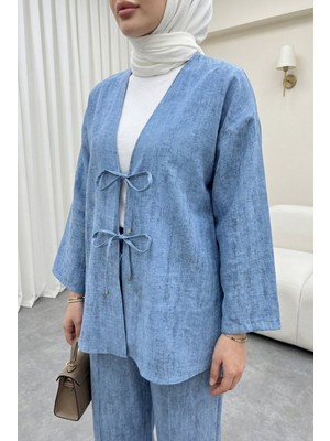 Moda Morfo Önü Bağlamalı Pantolonlu Keten Kimono Takım  -Mavi