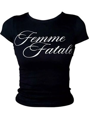 Violon Siyah Femme Fatale Yazılı Slim Fit Kadın Tişört