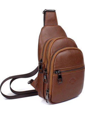 Derise Club Erkek Taba Hakiki Deri Çift Kol Çapraz Omuz Çantası Body Bag Çanta Göğüs Çantası