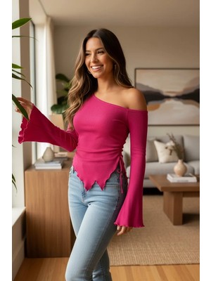 Lux Store Kadın Fuşya Uzun Ispanyol Kollu Asimetirik Yaka Yandan Bağlamalı Drapeli Bluz